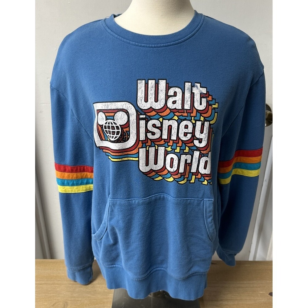 Walt Disney World Retro Blue Crewneck Rainbow Sweatshirt front pockets SIZE Med